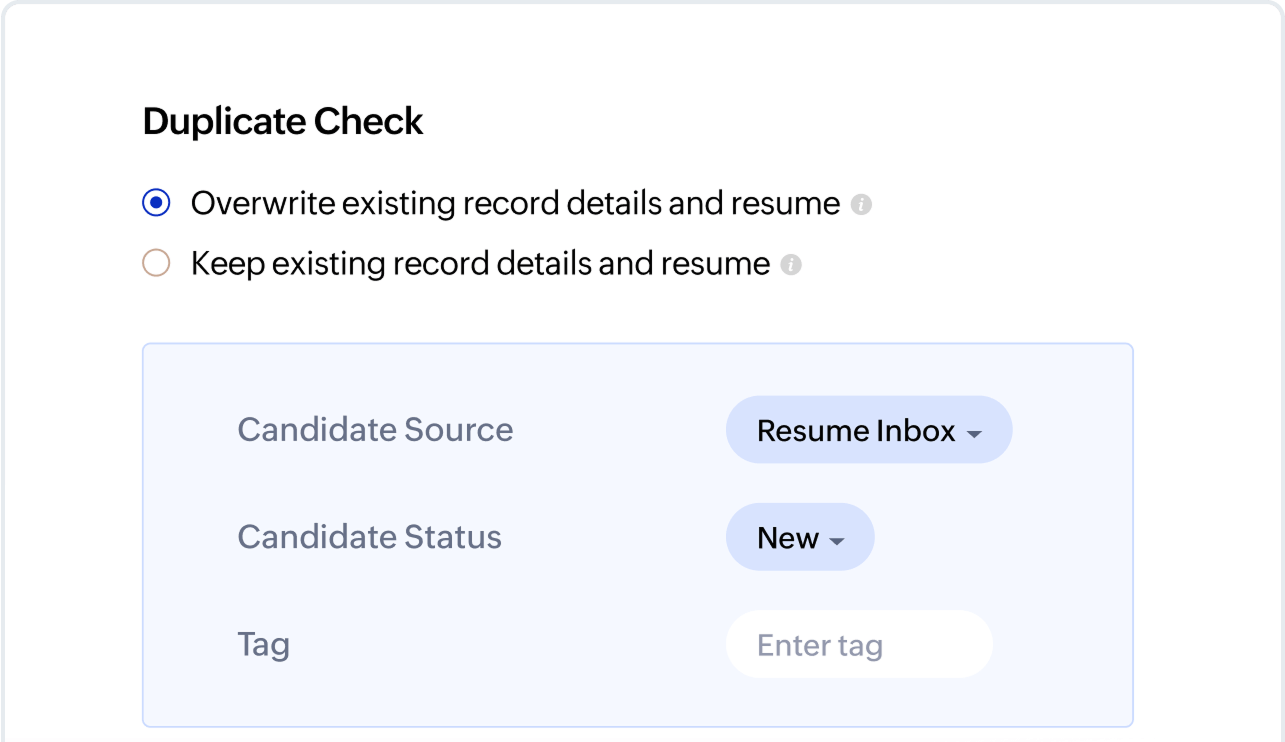 Resume parser in Zoho Recruit identifies duplicate records and lets you overwrite or keep existing data
