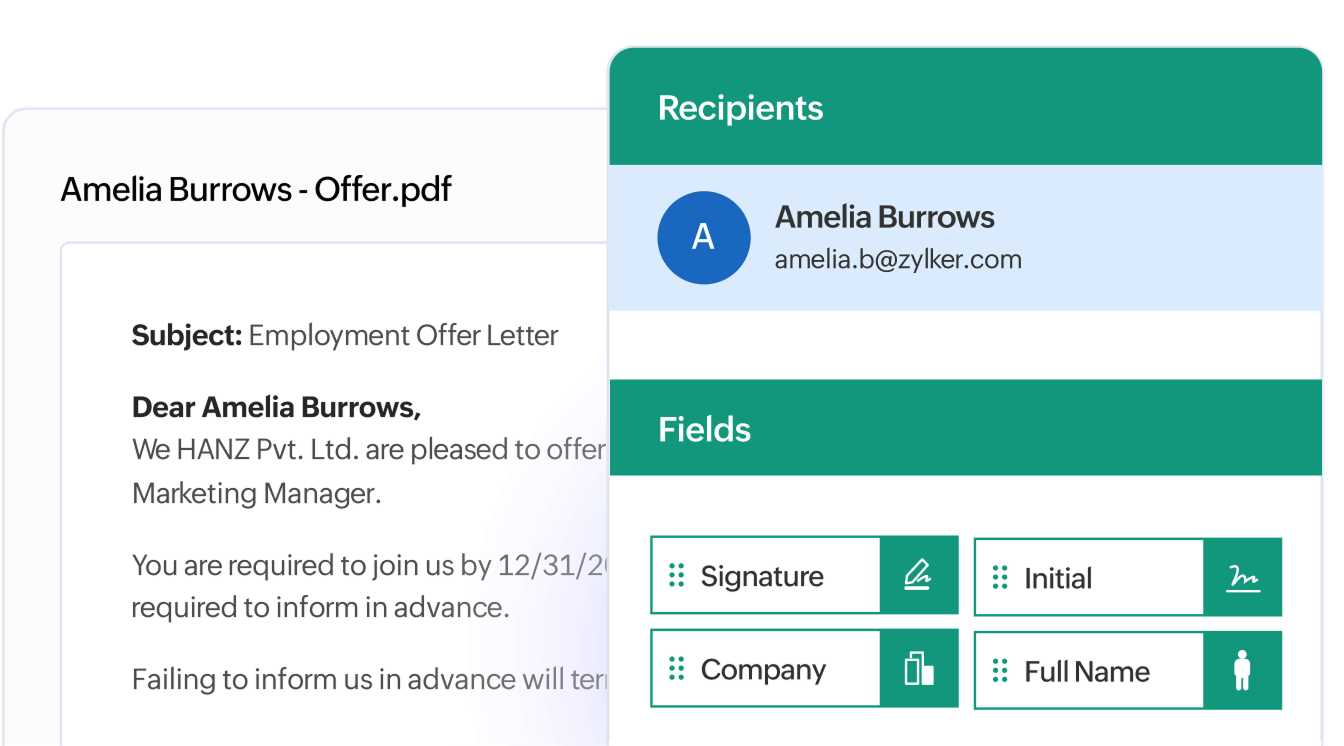 Send offer letters easily and integrate with other HR systems using Zoho Recruit