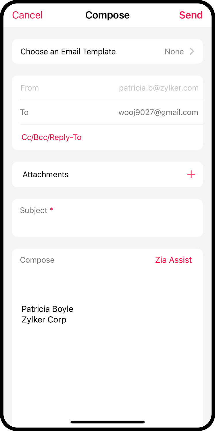 An email icon to represent email-sending capabilities within the Zoho Recruit mobile app