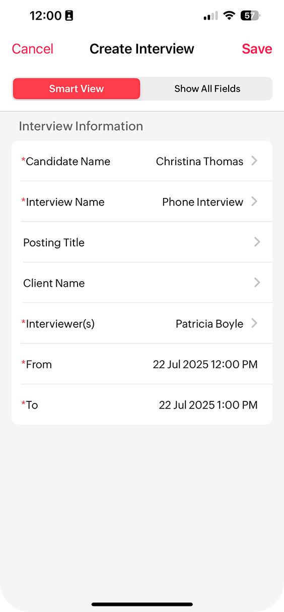 Scheduling interviews in the Zoho Recruit mobile app