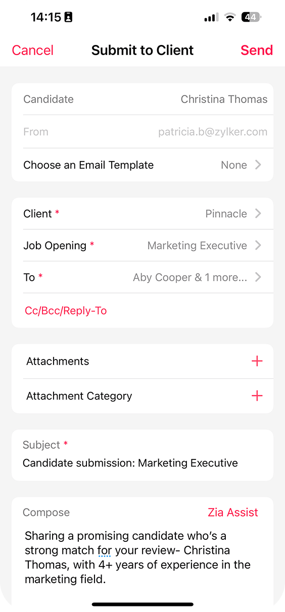 How to submit candidates to clients in the Zoho Recruit mobile app
