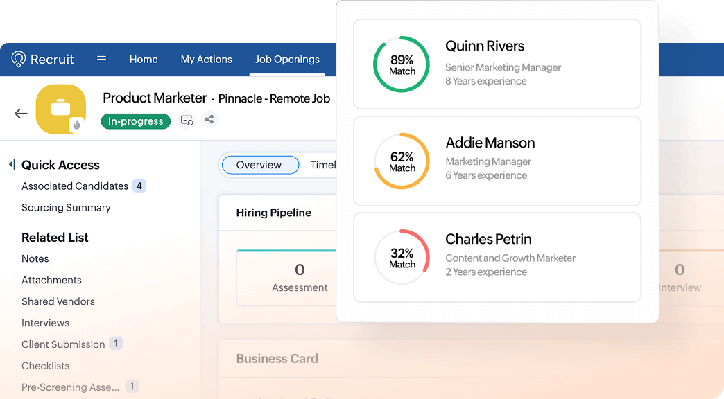 Zia AI matches candidates to job roles with contextual candidate scores inside Zoho Recruit.