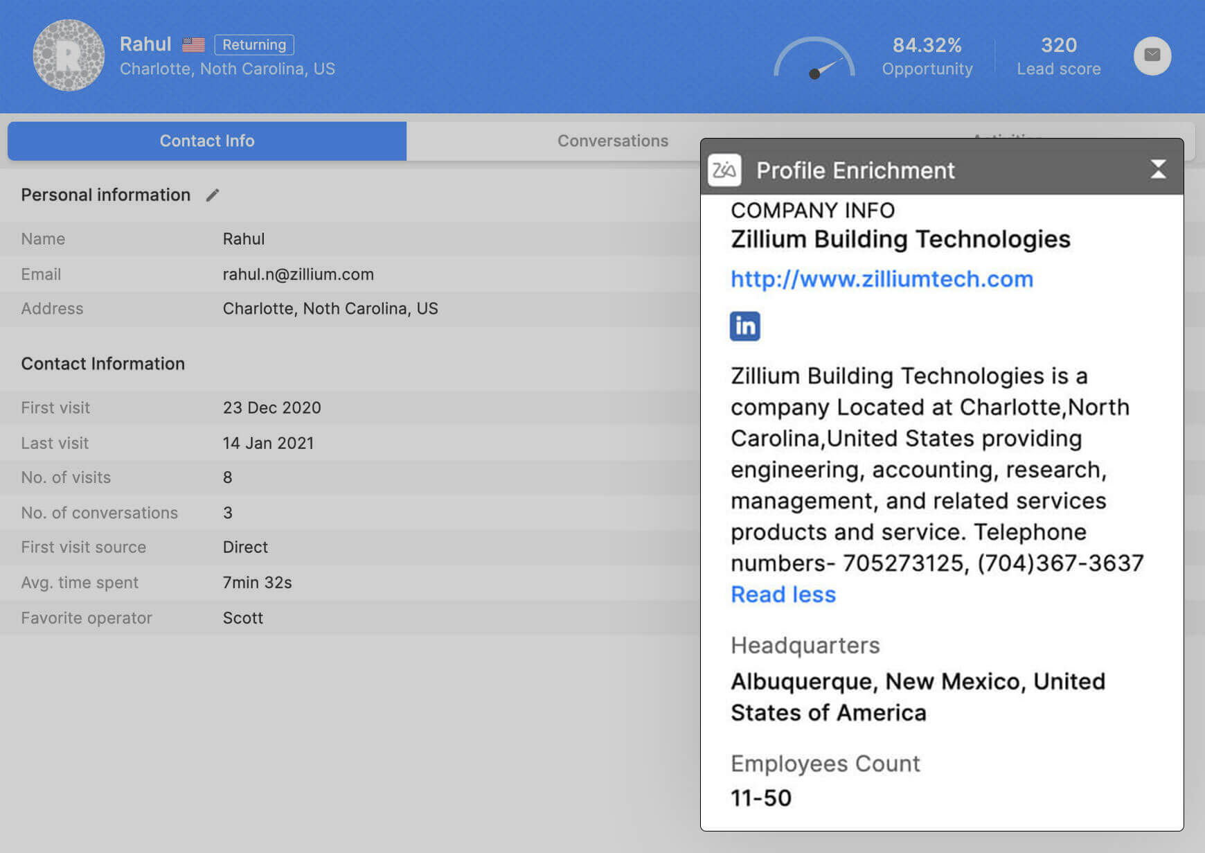 Push company details from sales chat software to CRM
