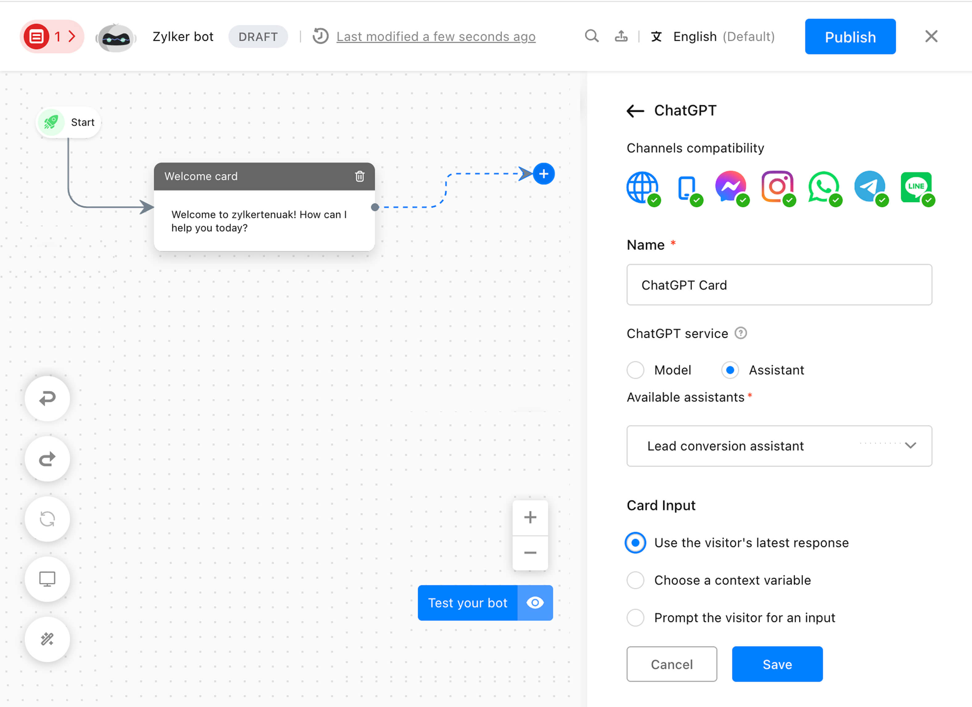 Integrate ChatGPT assistant with your codeless bot for business data-driven responses