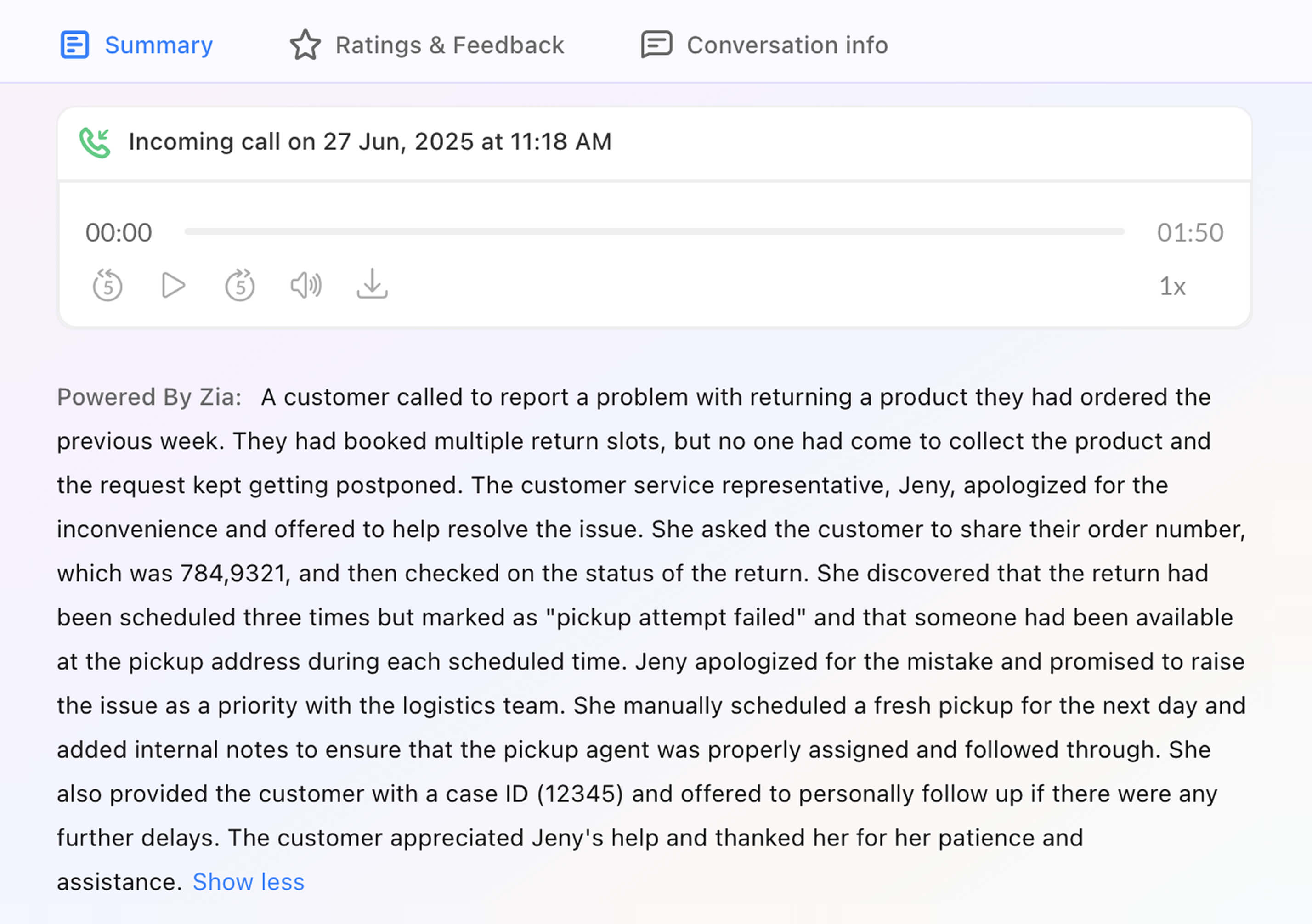 Live chat and call summary