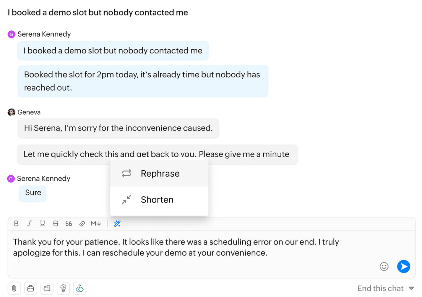 Writing assistant for faster and clearer live chat responses