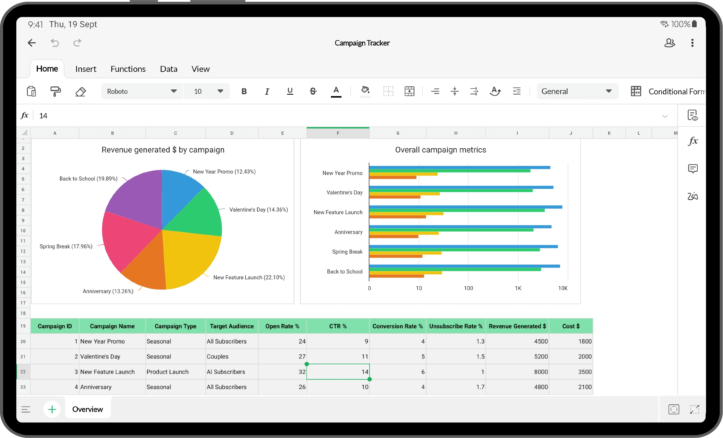 Zoho Sheet for Android on a mobile device