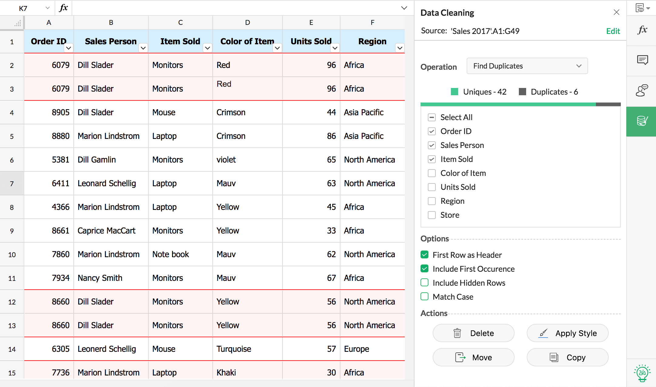 Comparison showing duplicate data between a spreadsheet and Excel