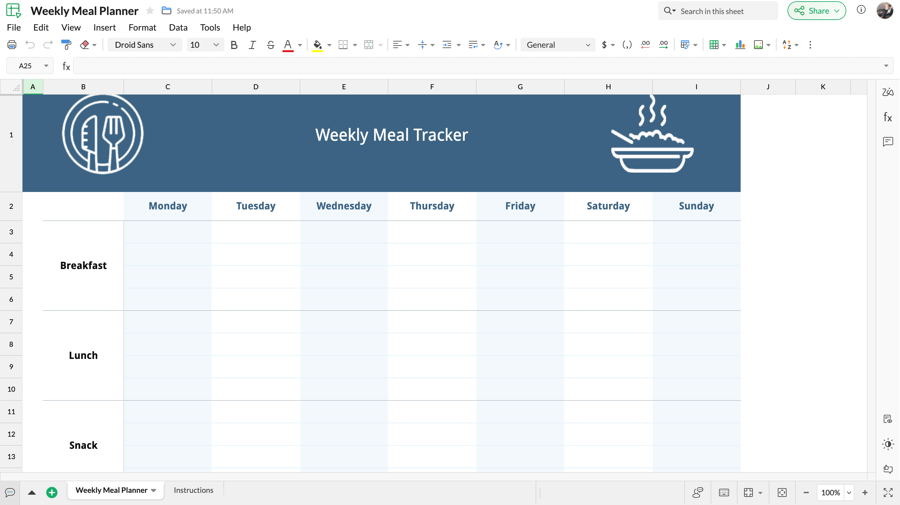 Weekly meal planner template preview