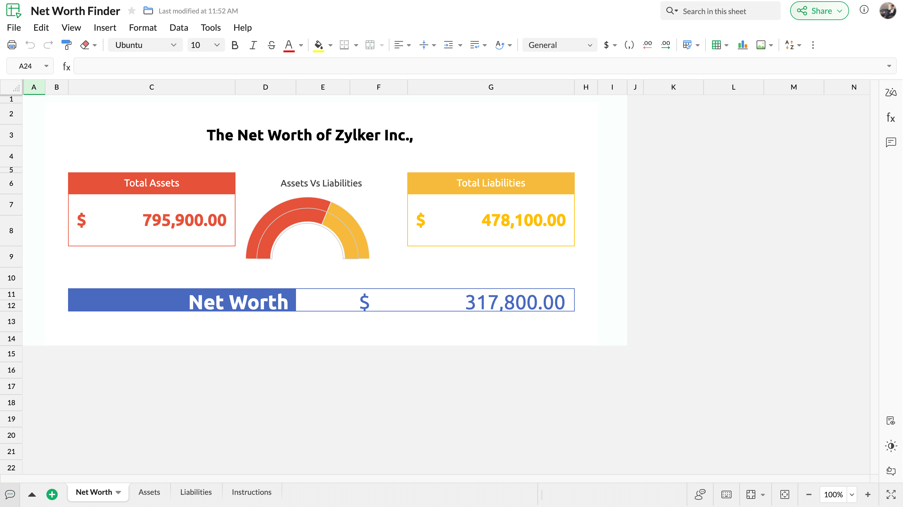 Screenshot of Zoho Sheet net worth finder template