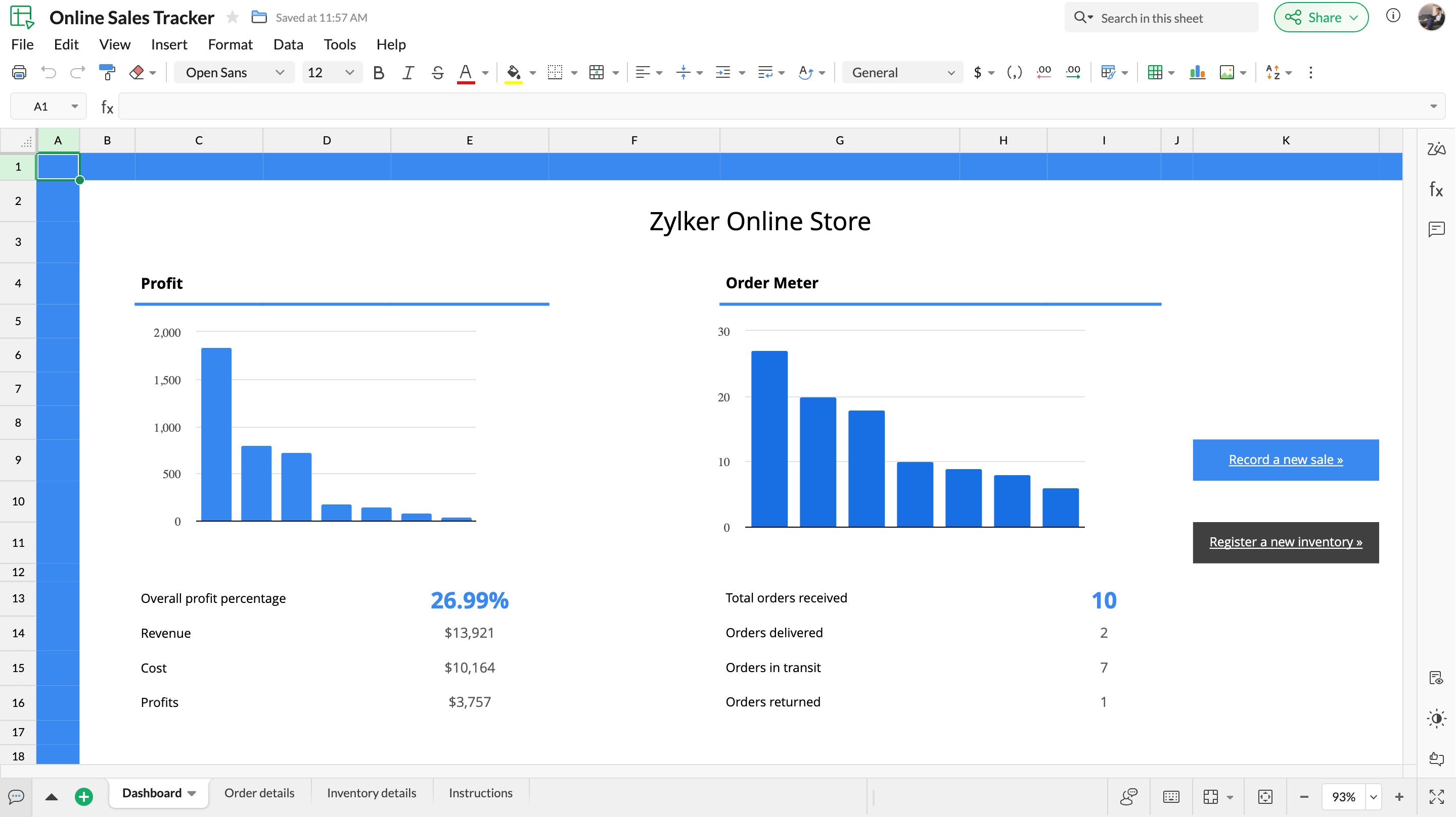 Screenshot of the online sales tracker template showing a dashboard with graphs, sales data, and metrics