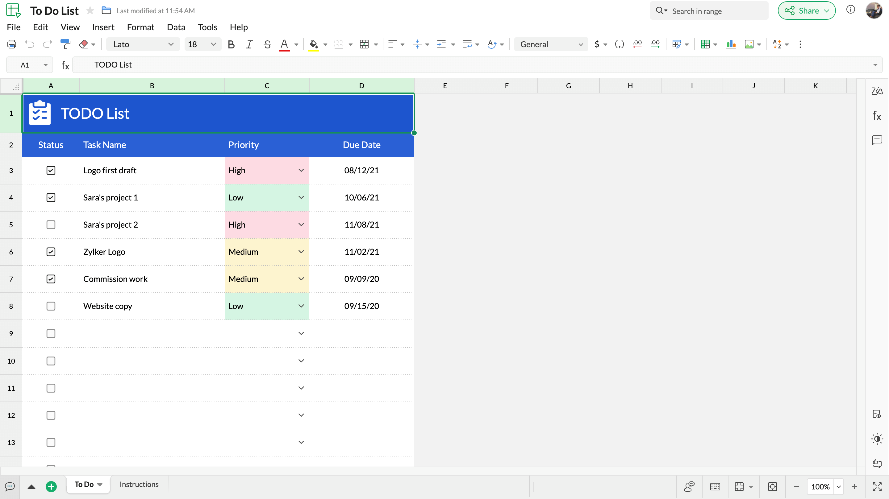 Screenshot of the To-do list template in Zoho Sheet