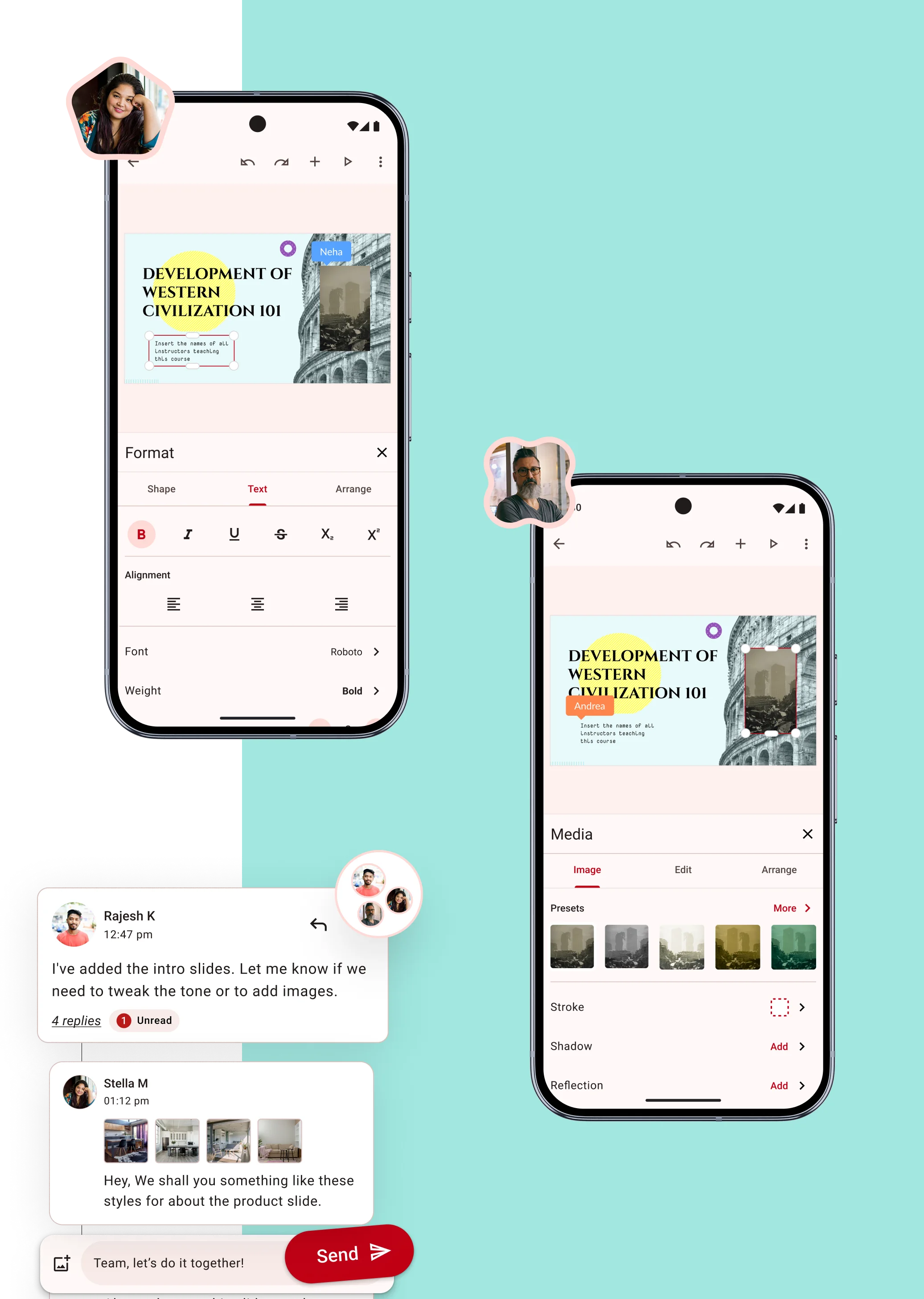Two Android devices are displayed, from which two teammates collaborate on a presentation