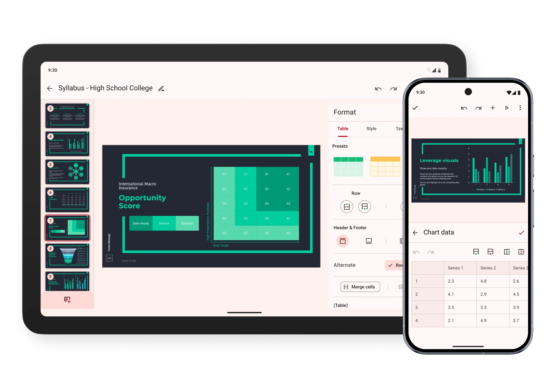Chart is selected in a tablet and data updation tab is opened. Table formatting options are opened in a Android device