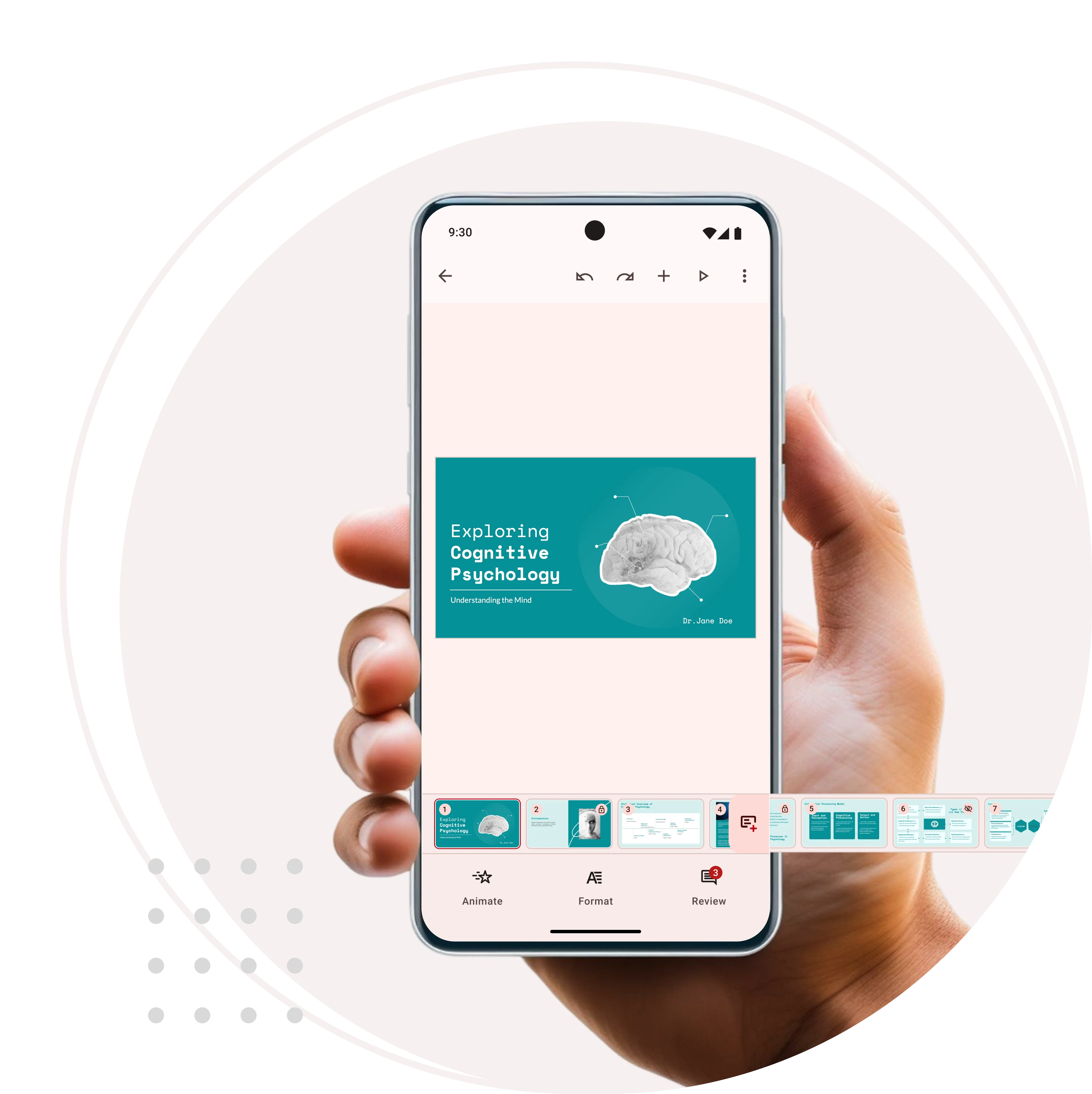 An Android device showcasing the slides in Show's sales presentation tips presentation template