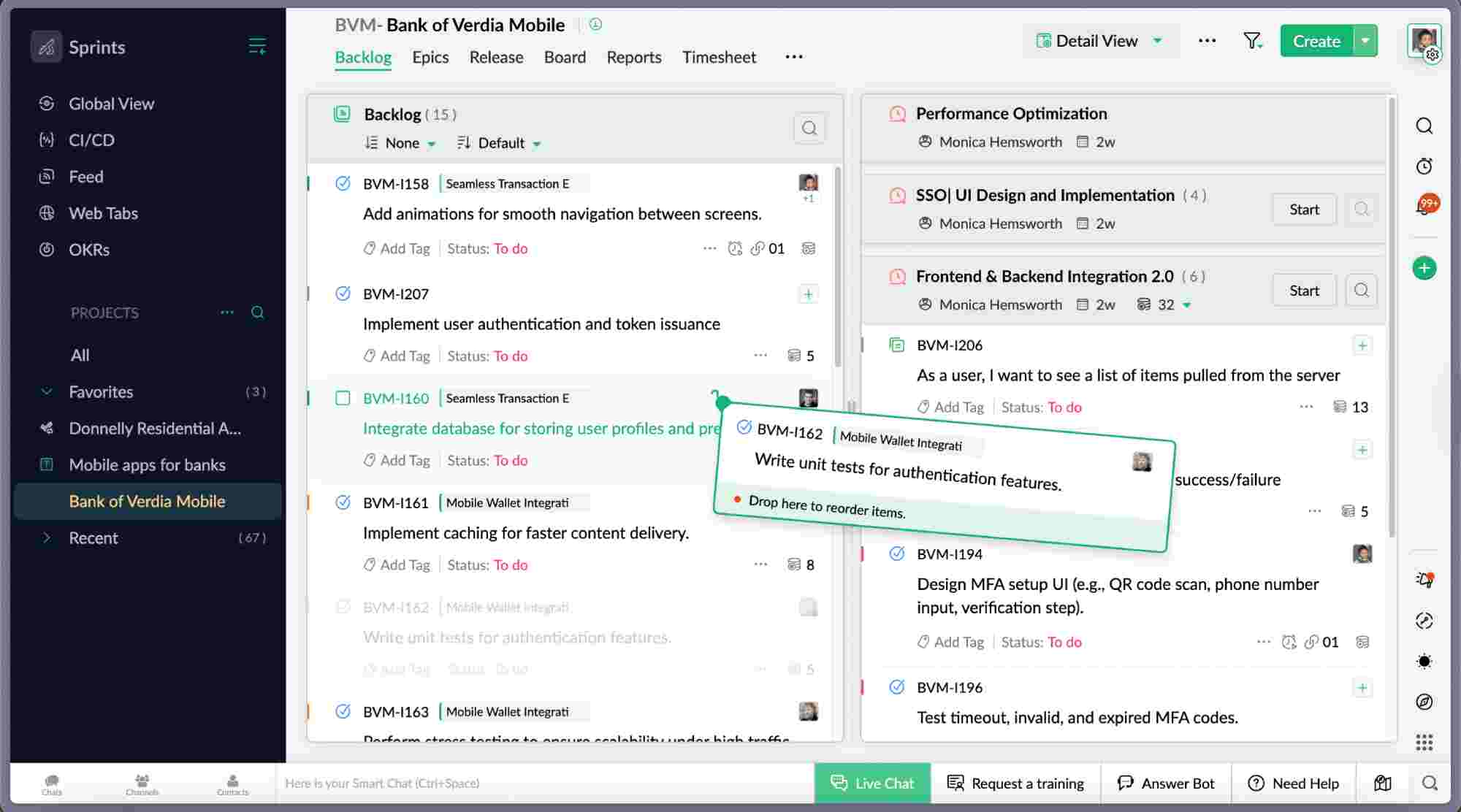Zoho Sprints backlog management interface