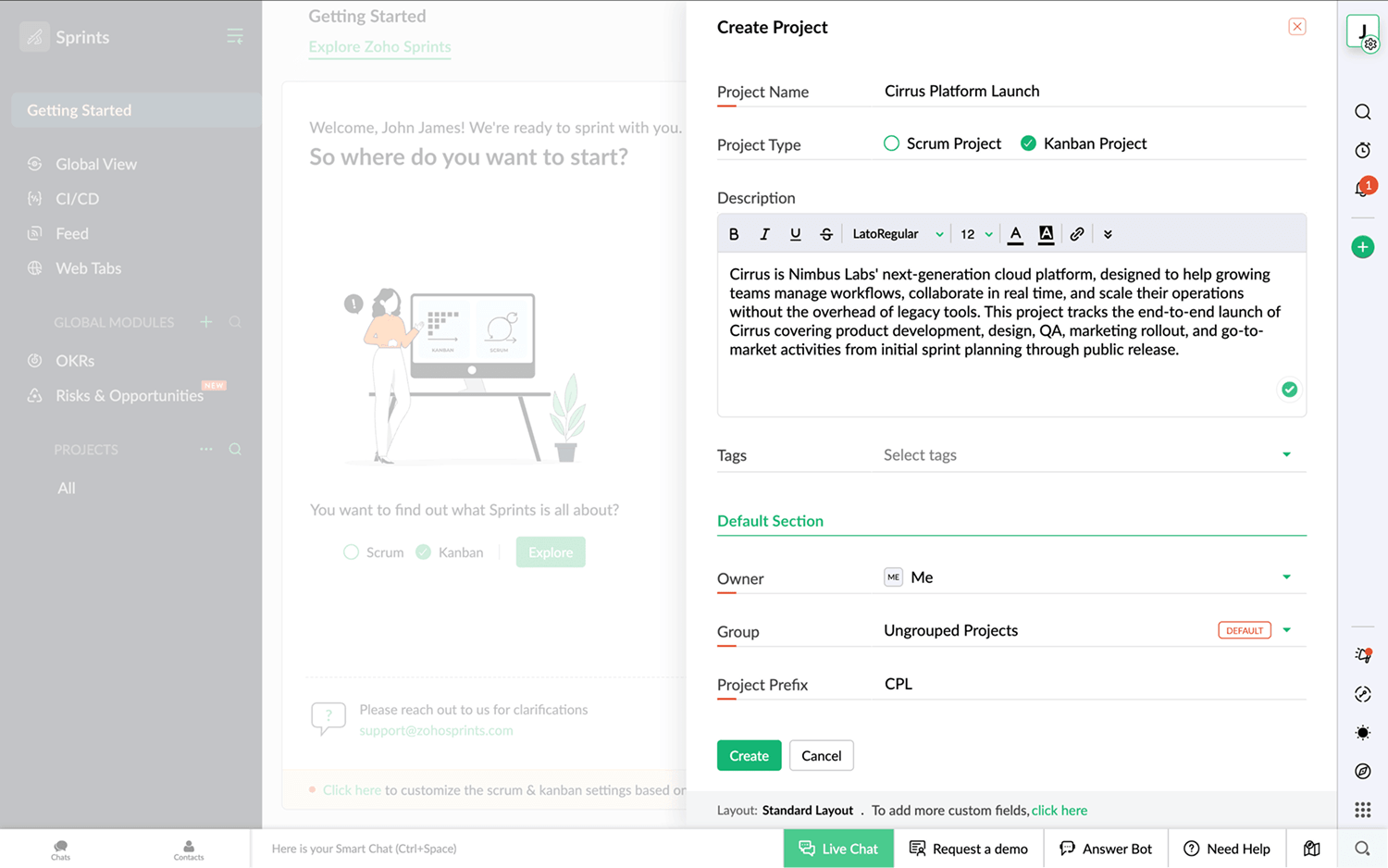create kanban board zoho sprints
