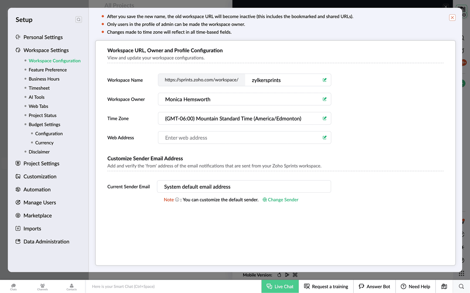 Workspace configuration in Zoho Sprints