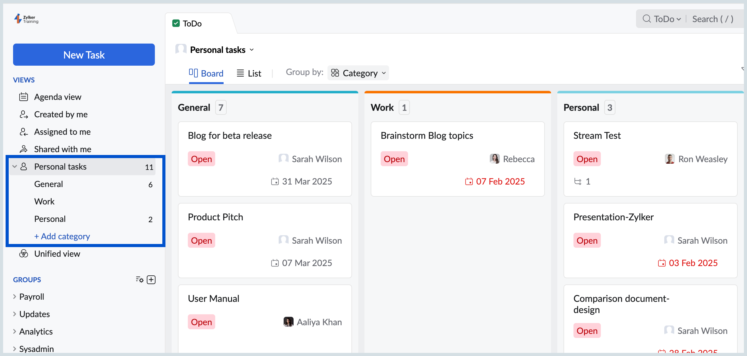 Personal tasks view Personal tasks view