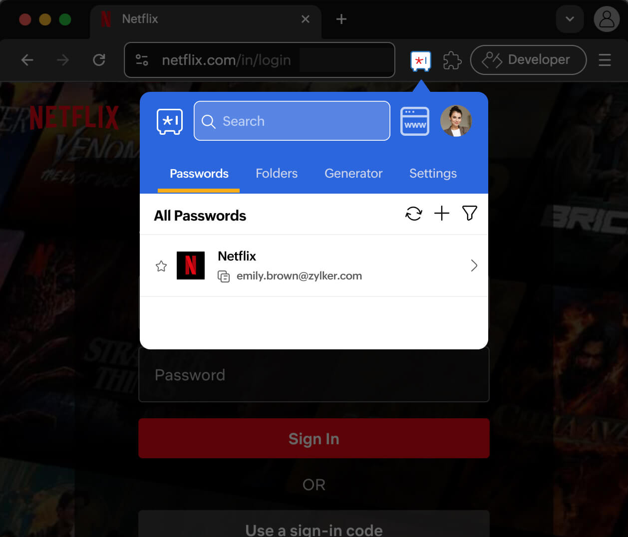 Screenshot of Zoho Vault browser extension displaying saved passwords and autofill options.
