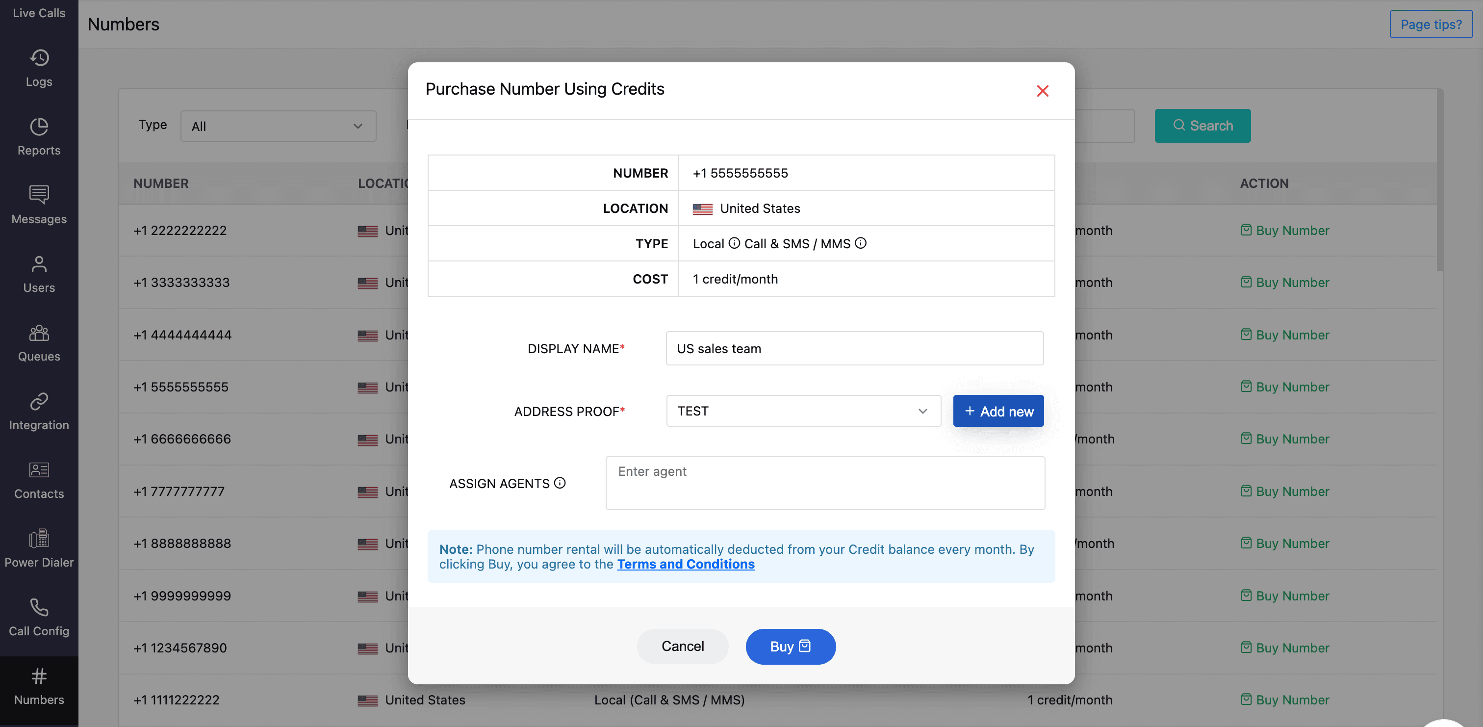 zoho voice purchase number pop-up detail