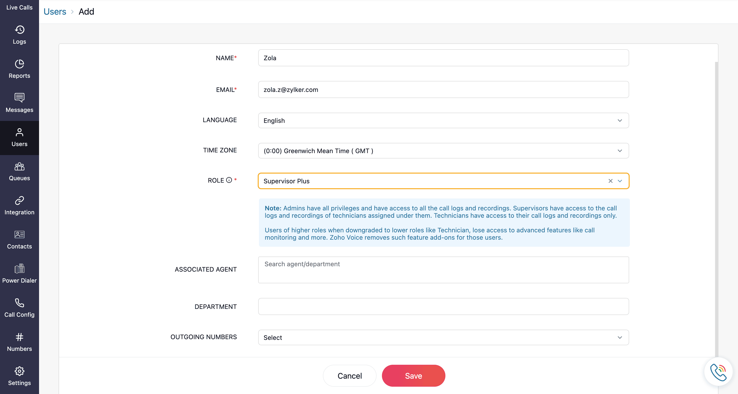zoho voice role drop down