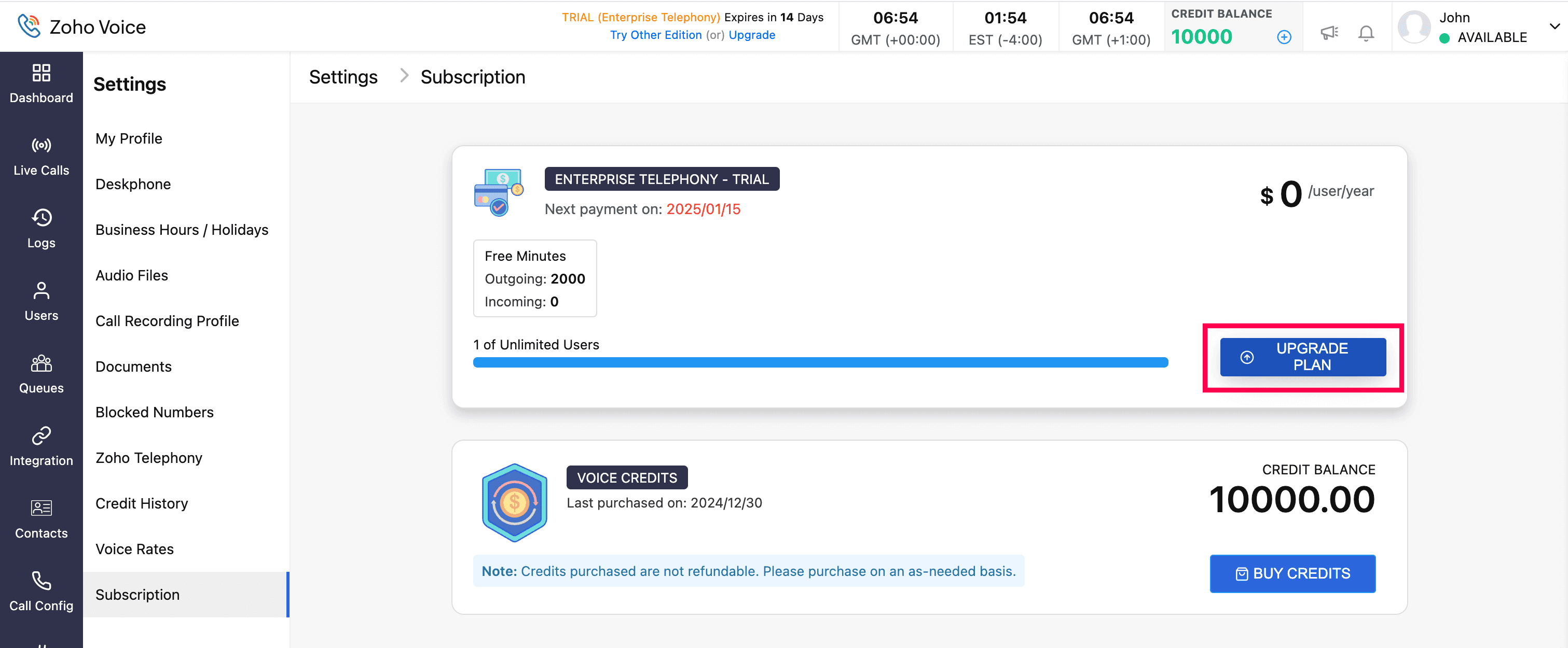zoho voice upgrade details