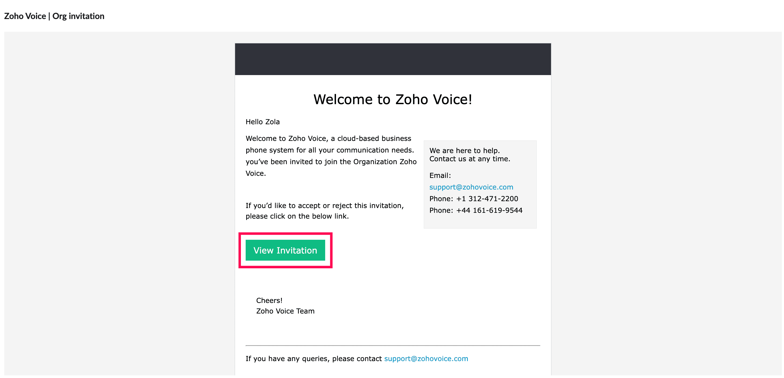 zoho voice view invitation button