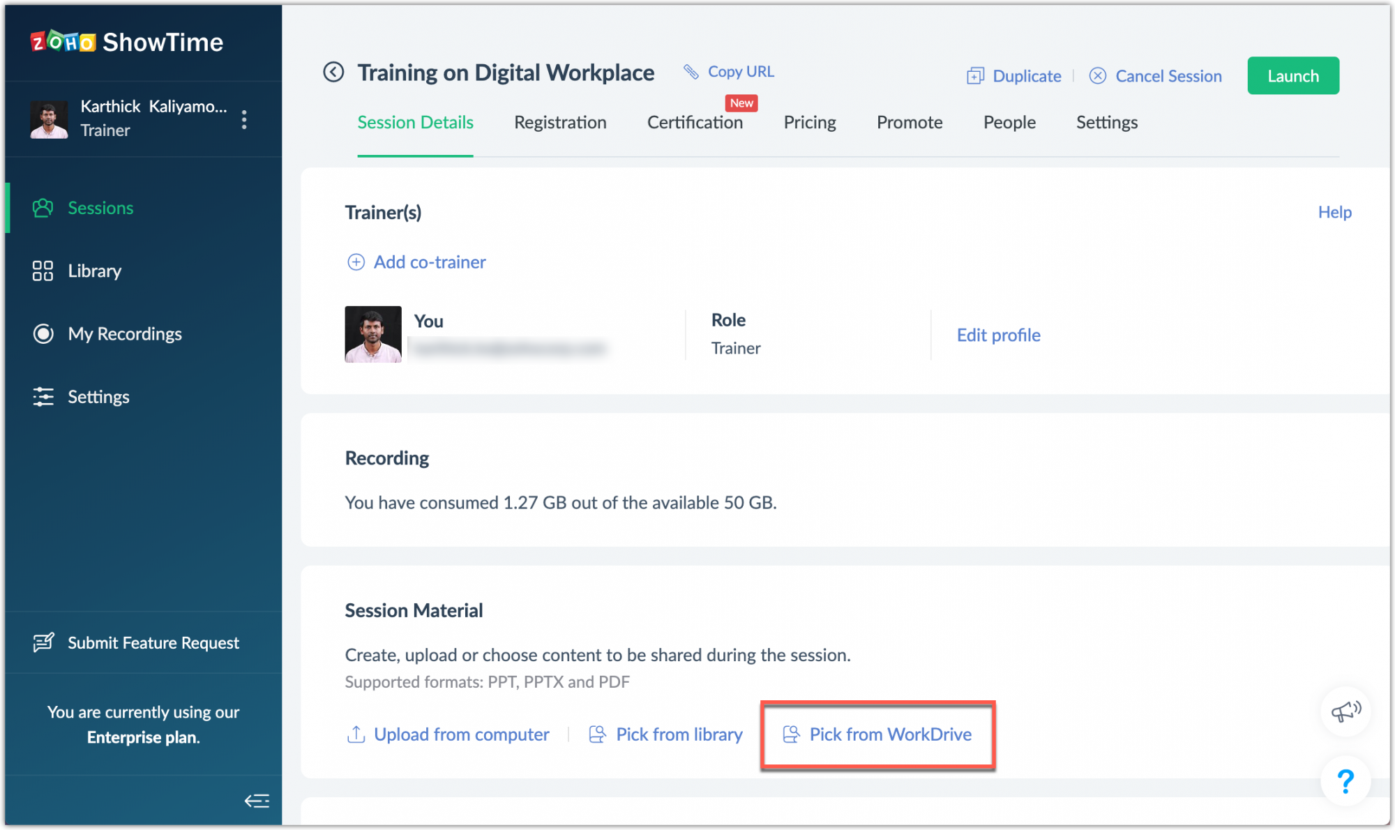 WorkDrive Picker for Zoho ShowTime