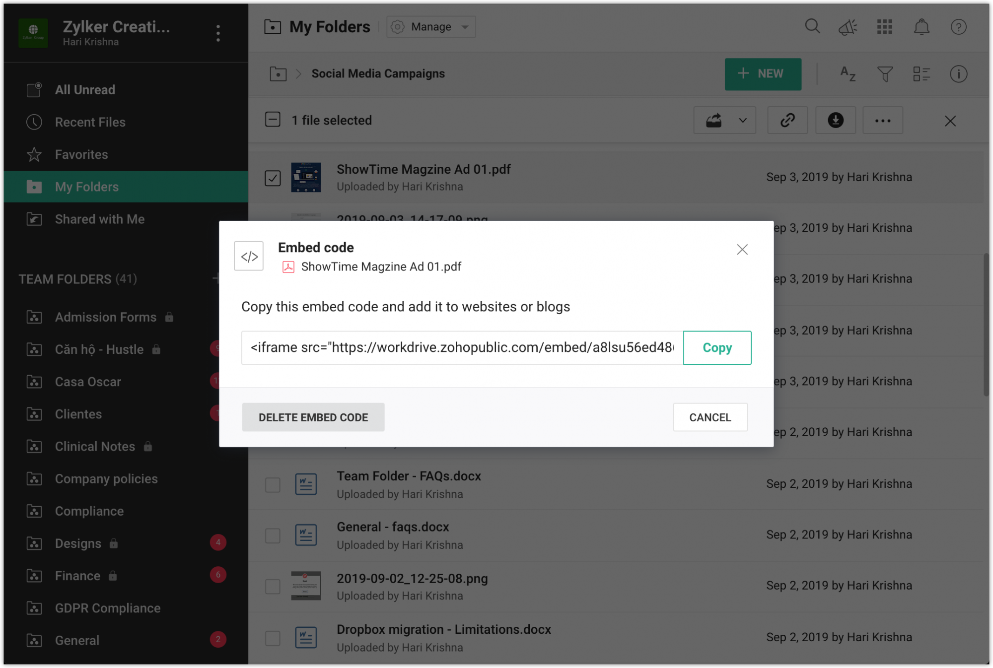 Creating embed codes for files and folders