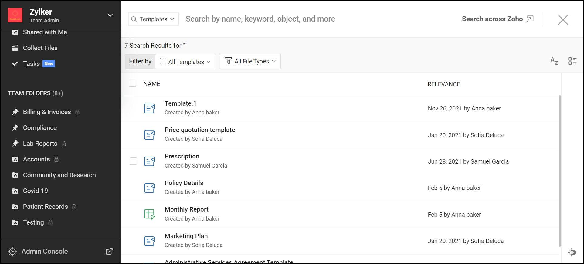 Search for templates using the global search