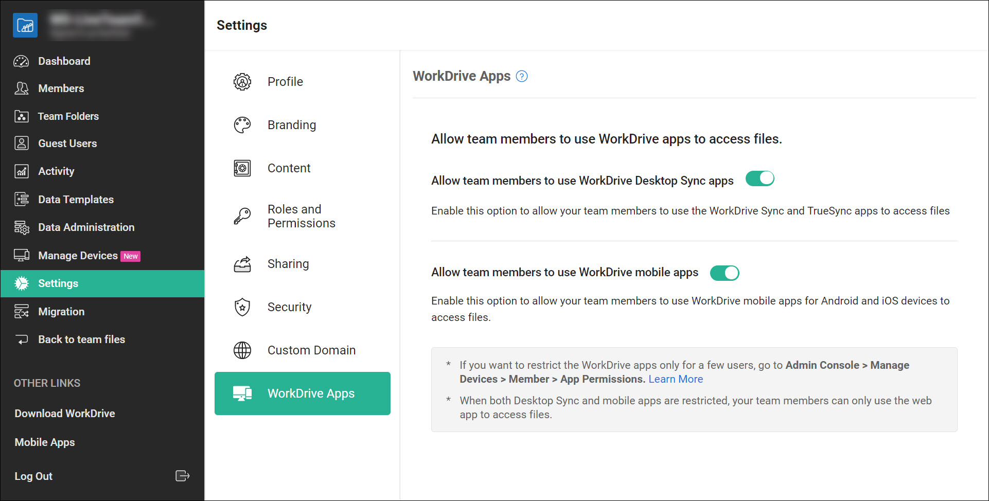 WorkDrive App Settings (at team level)