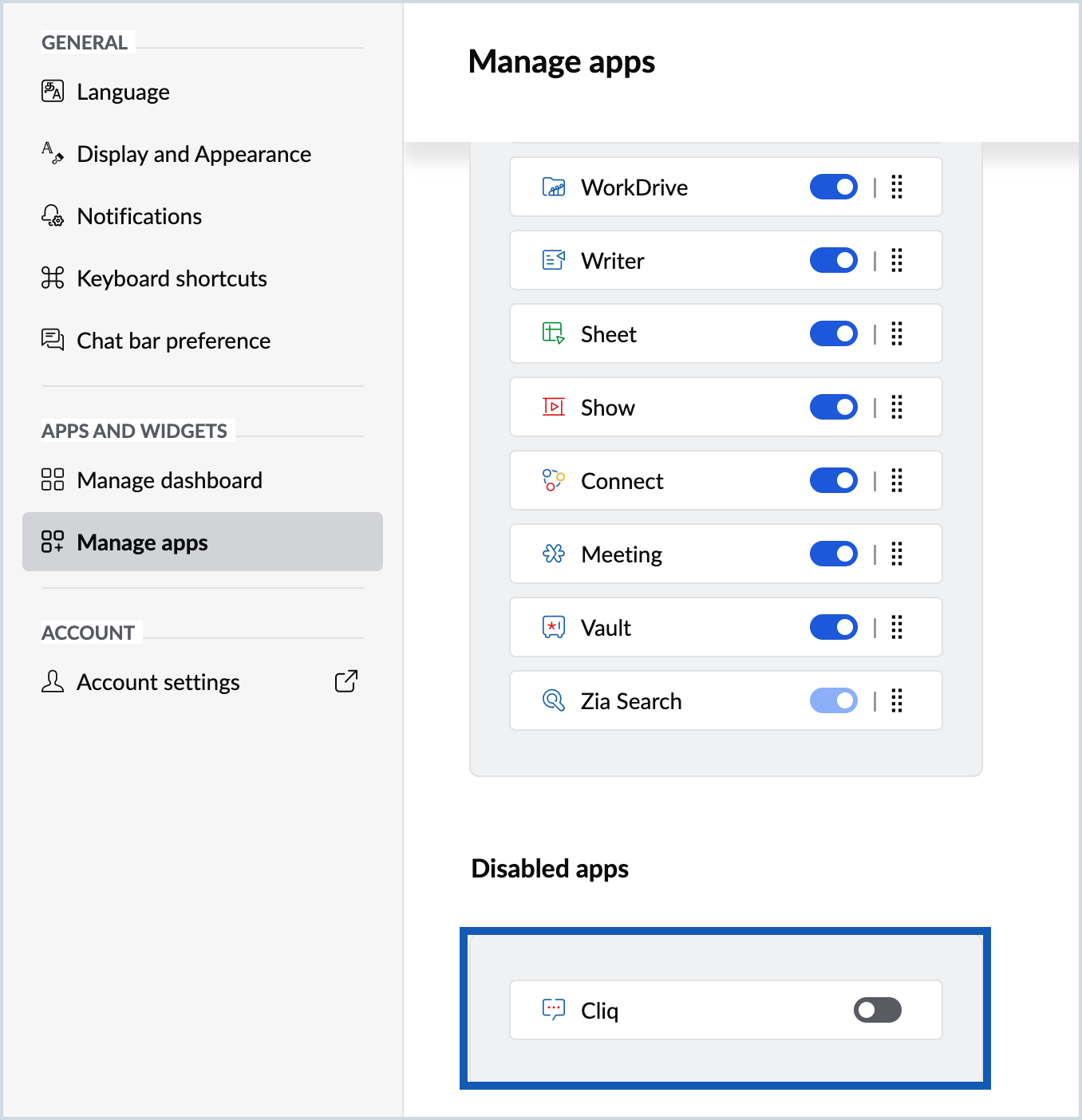 Screenshot of the disabled applications