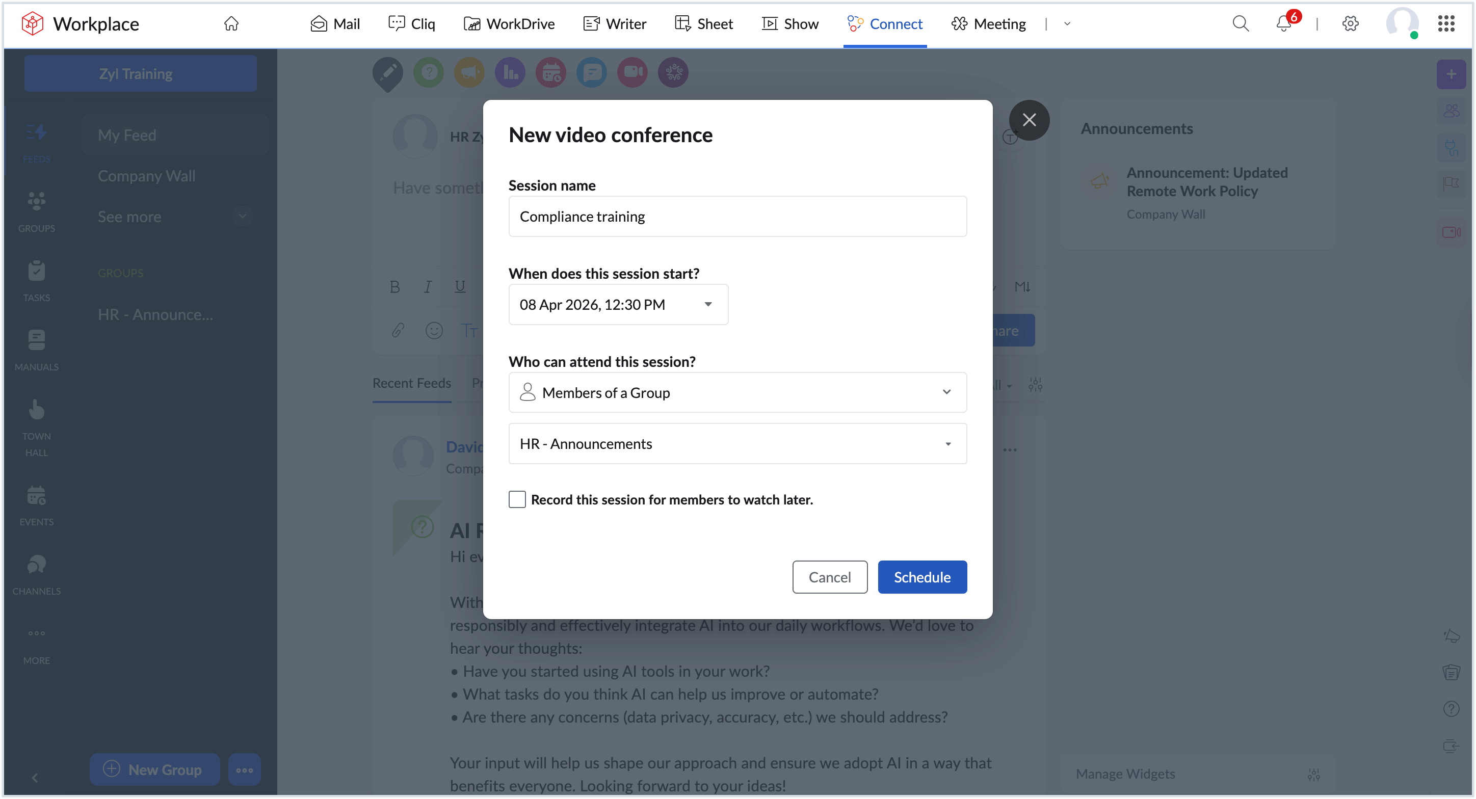 Screenshot to create video conference Screenshot to create video conference
