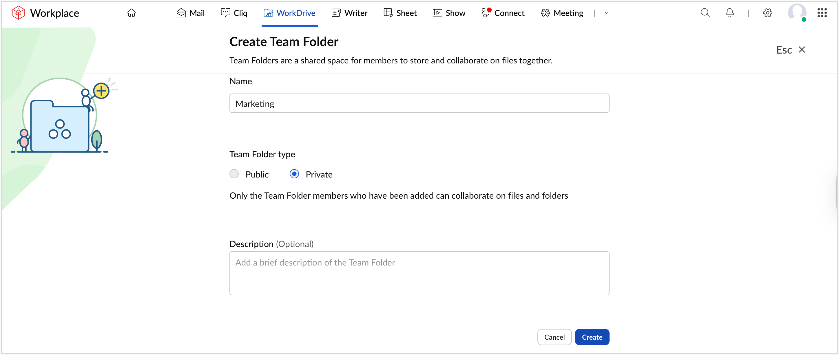 Screenshot of adding team folder details Screenshot of adding team folder details