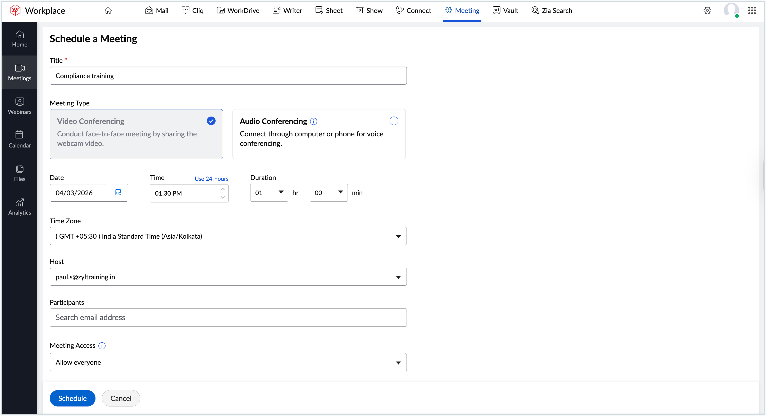Screenshot to create the meeting Screenshot to create the meeting