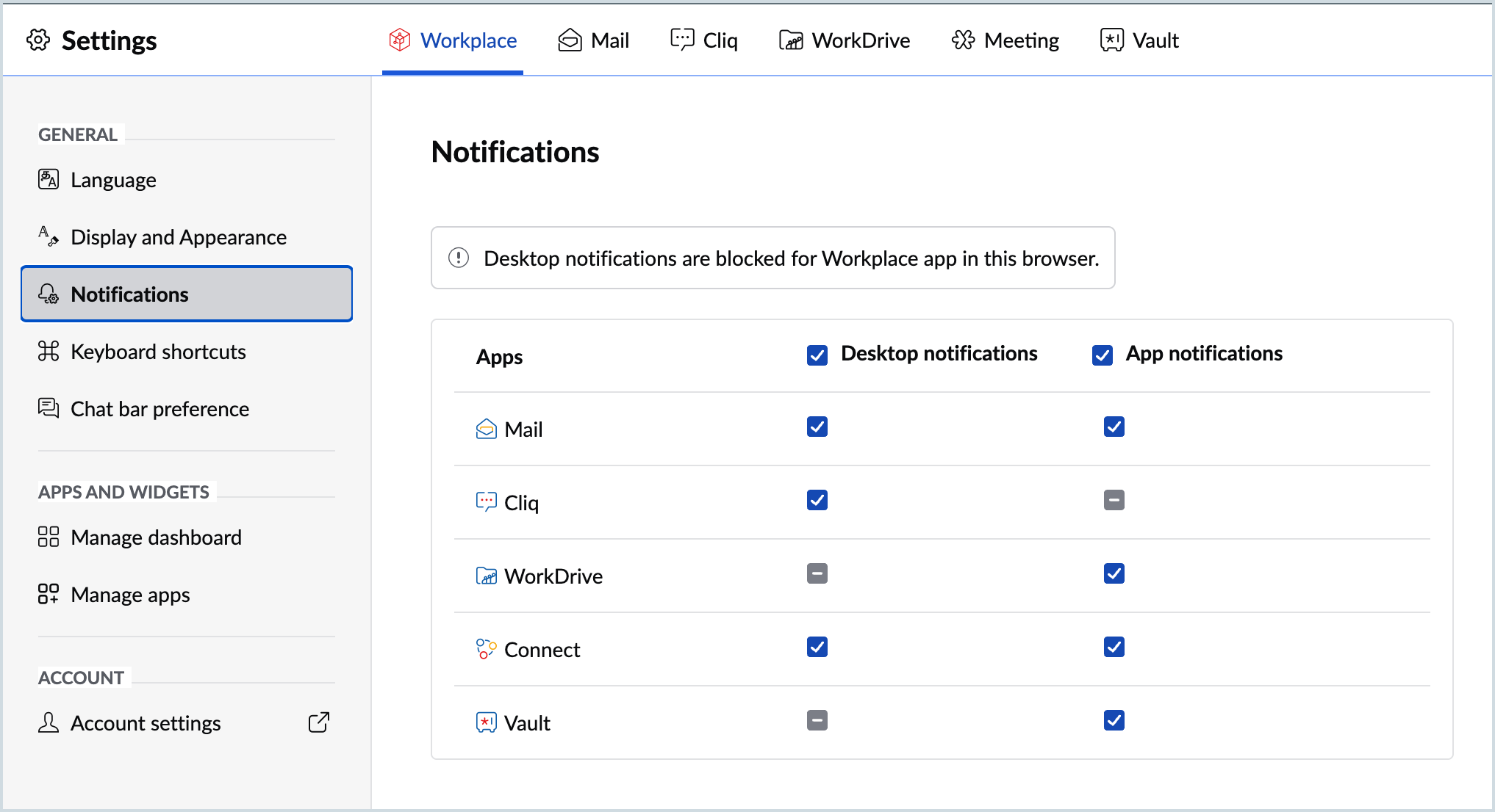 Screenshot of notification settings