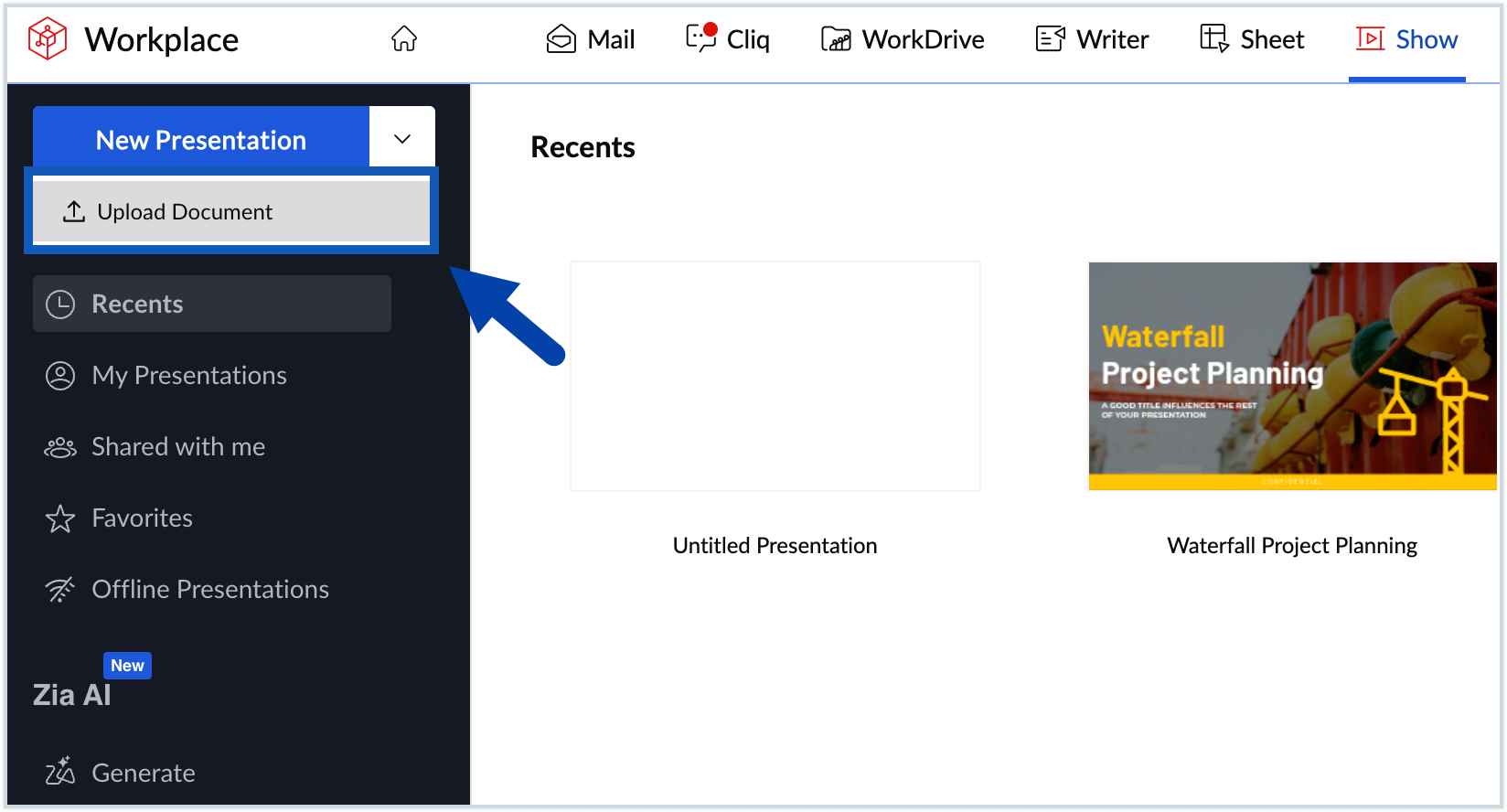 Screenshot to upload a presentation Screenshot to upload a presentation