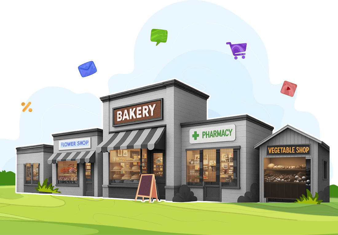 illustration of a vibrant shopping area with a bakery, pharmacy, and vegetable shop, featuring large display windows, set against a grassy background with playful floating shopping carts and envelopes.