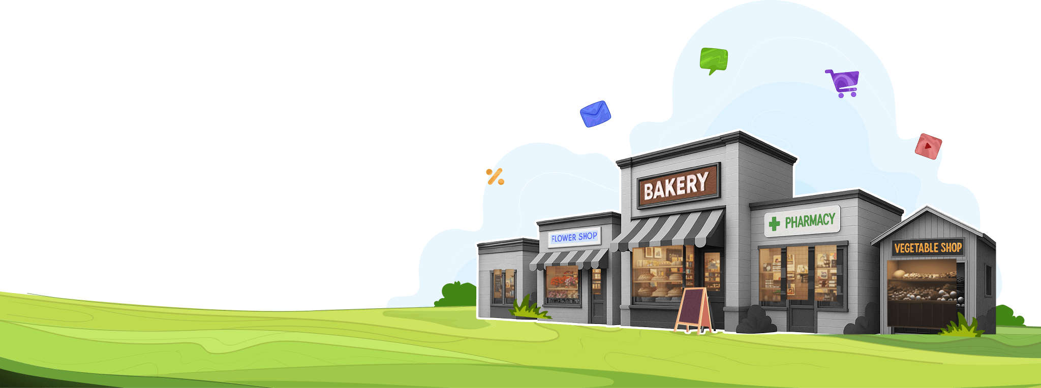 illustration of a vibrant shopping area with a bakery, pharmacy, and vegetable shop, featuring large display windows, set against a grassy background with playful floating shopping carts and envelopes.