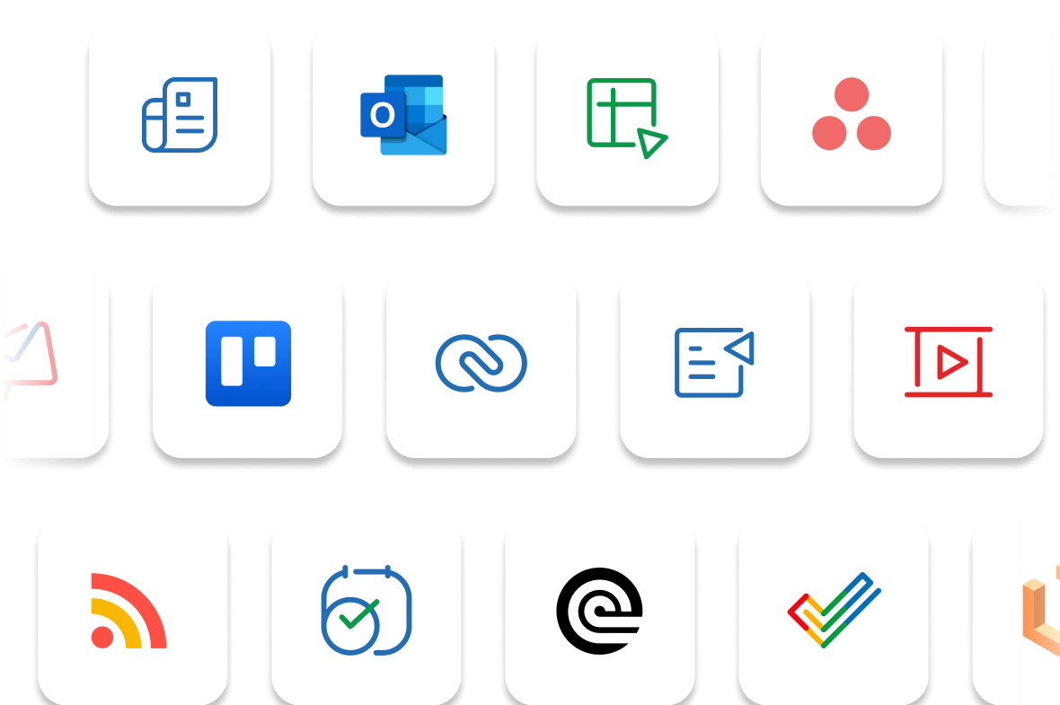 Grid of modern application icons for productivity and project management, featuring symbols for email, Outlook, spreadsheets, collaboration, notifications, video content, 3D design, task completion, scheduling, and connectivity, all displayed on rounded square backgrounds.