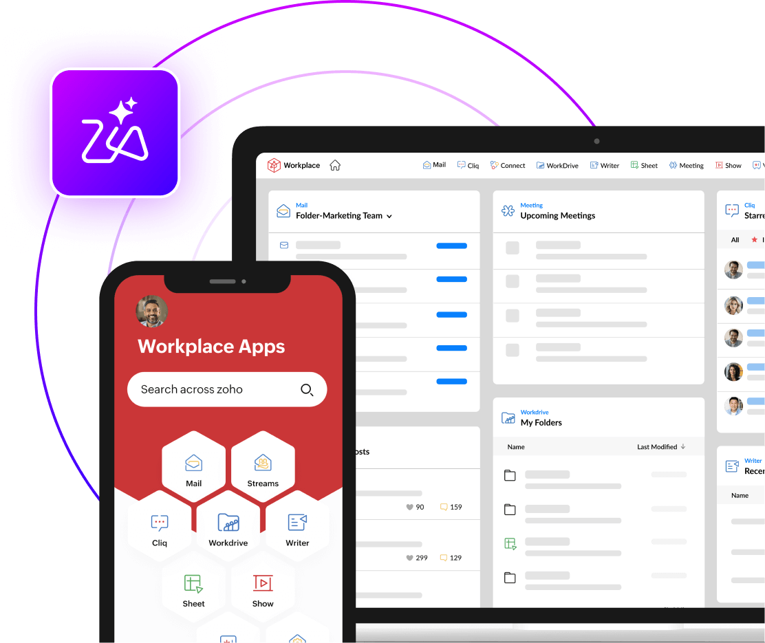 Digital interface displaying Zoho’s workplace productivity platform, featuring a red mobile app with hexagonal icons for Mail, Streams, Cliq, Workdrive, Writer, Sheet, and Show, alongside a desktop app with email, meetings, folders, and notifications, all in a sleek, integrated design.