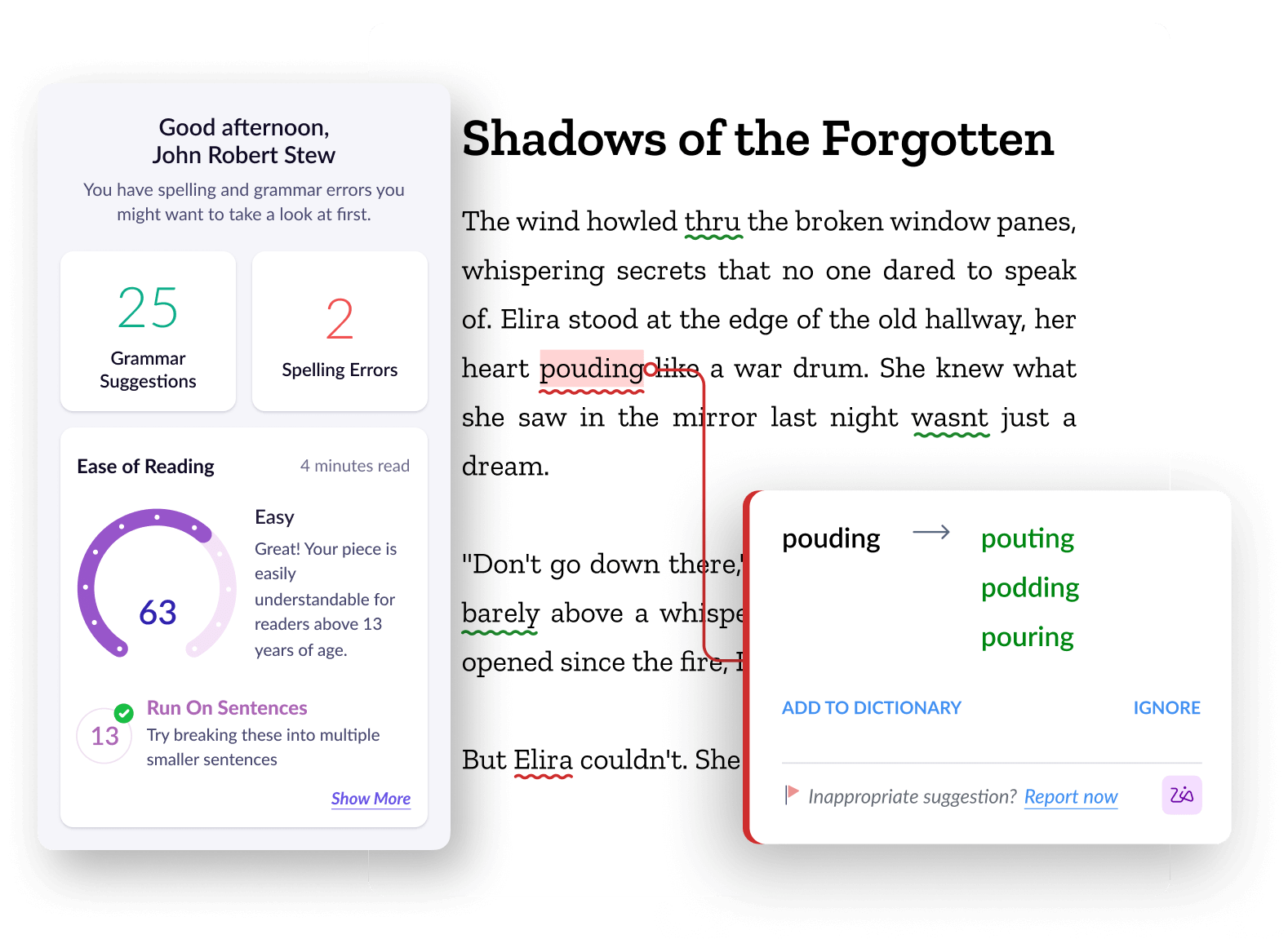 A Zoho Writer document highlighting Zia's smart writing assistance including grammar and spelling check, readability score, and more