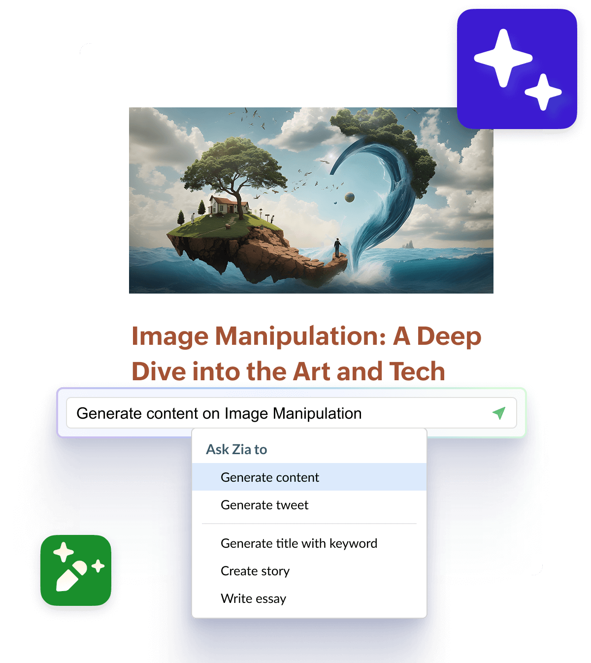 An image showing a Zoho Writer document with the AI chat console and a variety of prebuilt prompts to generate content