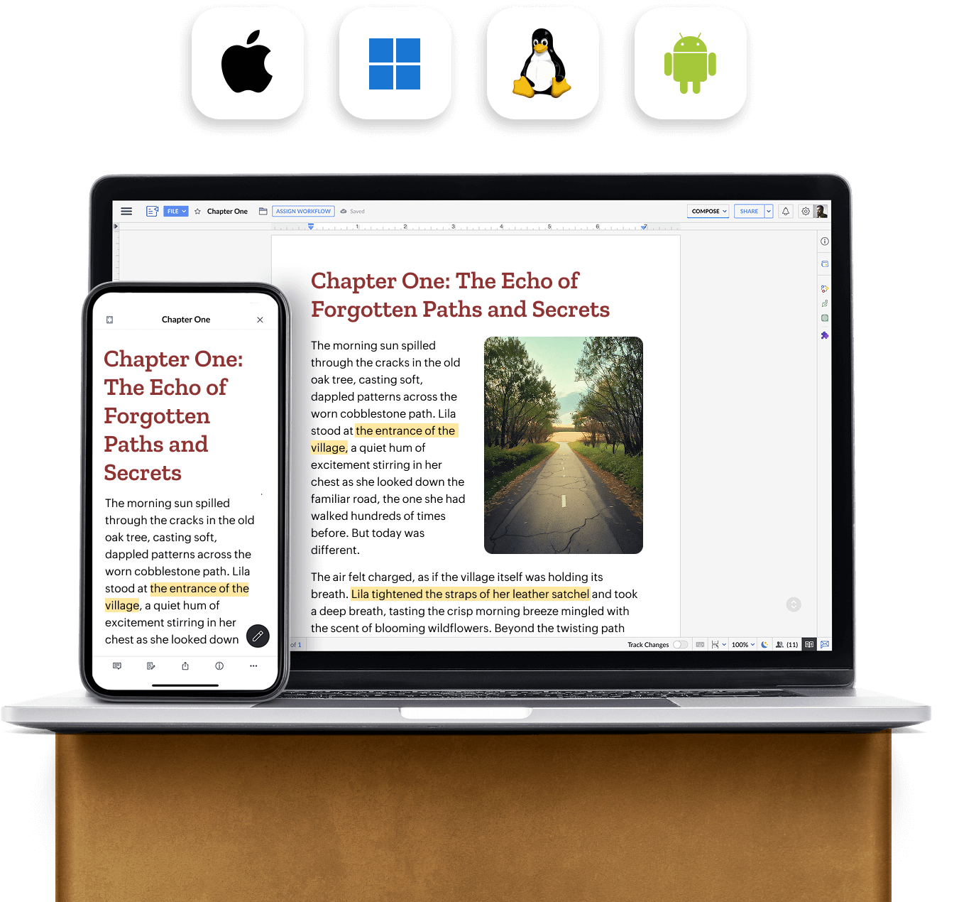 An image showing a document in Zoho Writer desktop and mobile apps, along with icons of platforms for which Zoho Writer apps are available