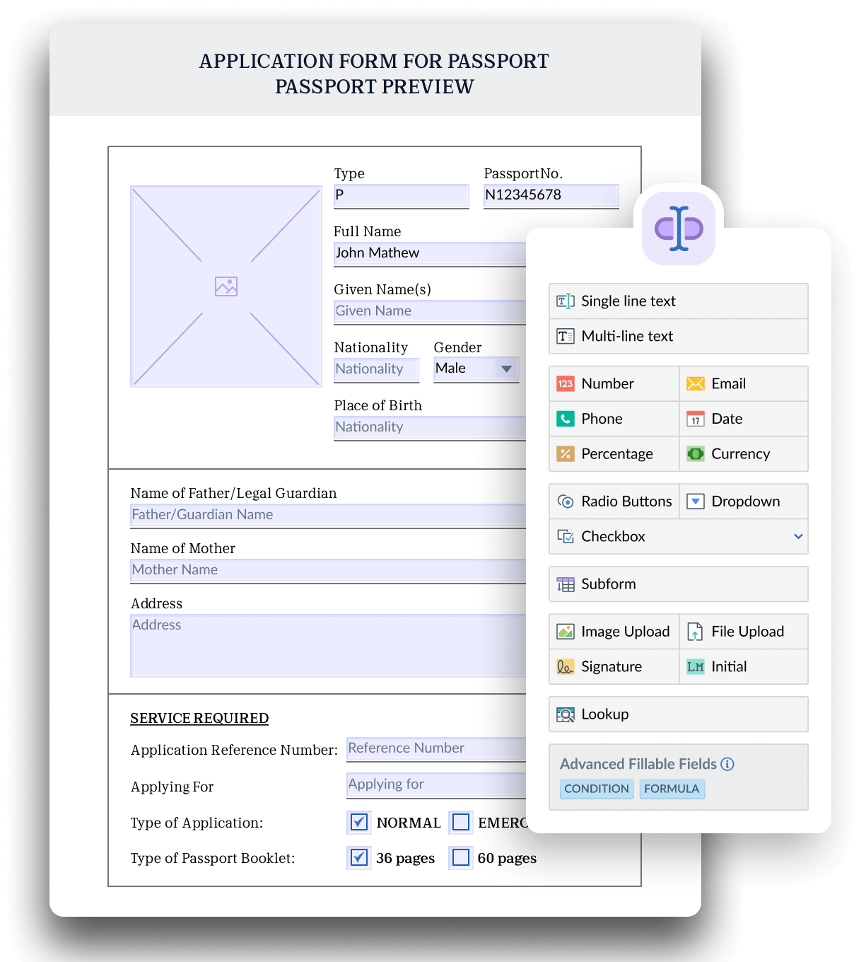 An image showing Zoho Writer's tools to create customized prefilled forms that can be published or shared to collect data and signature