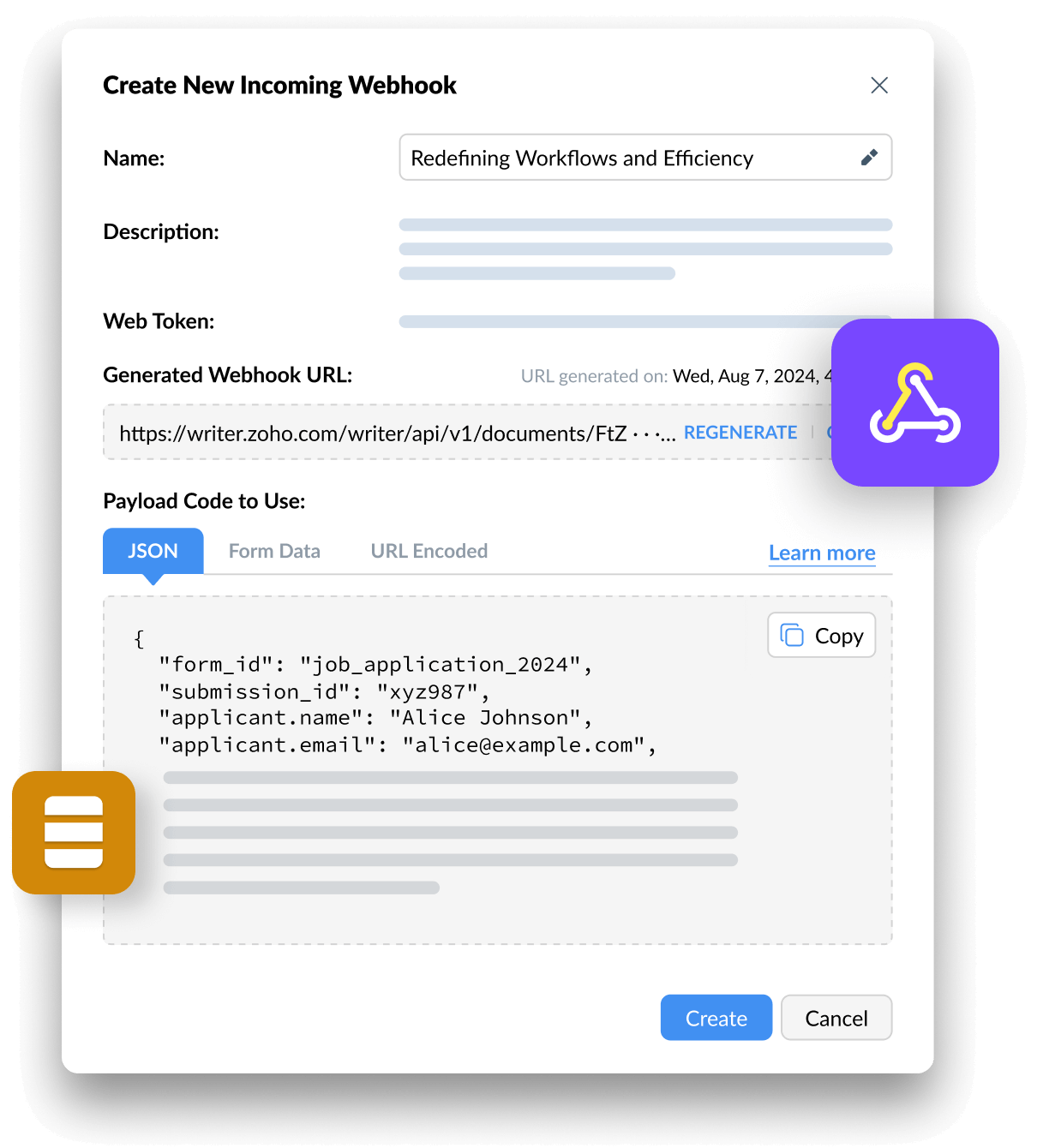 Image of Zoho Writer automation template's webhook configuration dialog to use events in your business app to trigger document generation