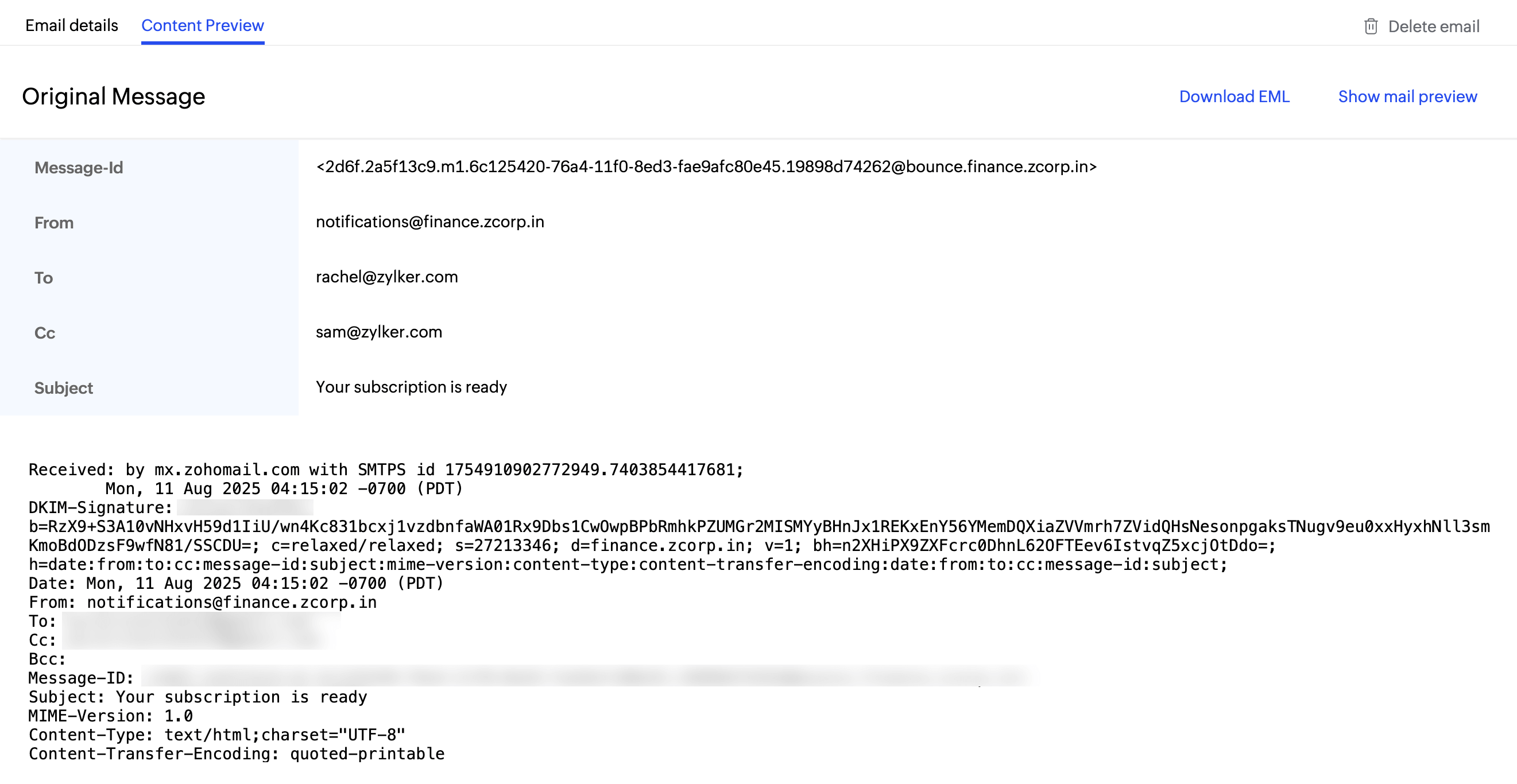 Screenshot of the view original message