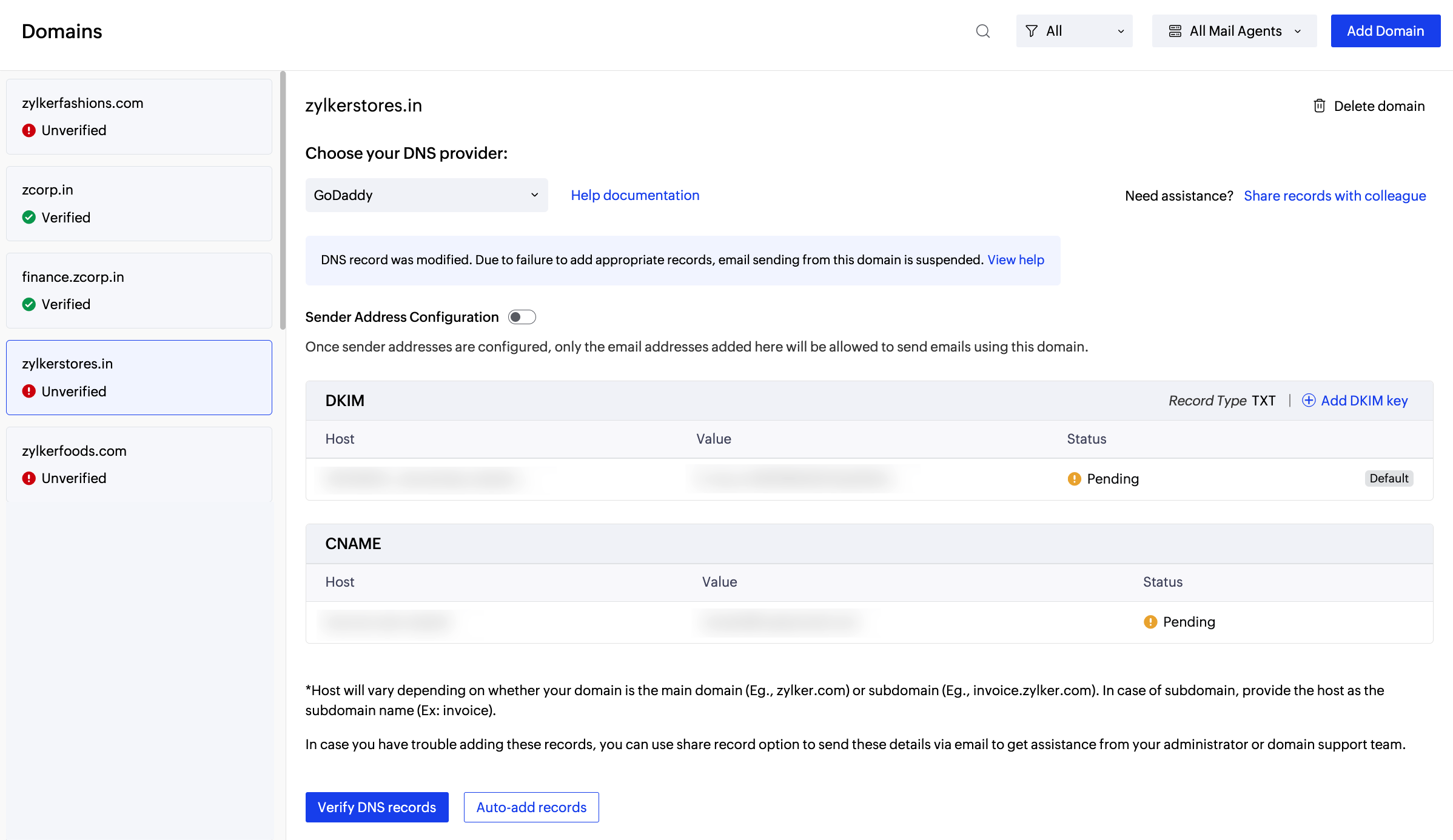 Domains section with unverified domains