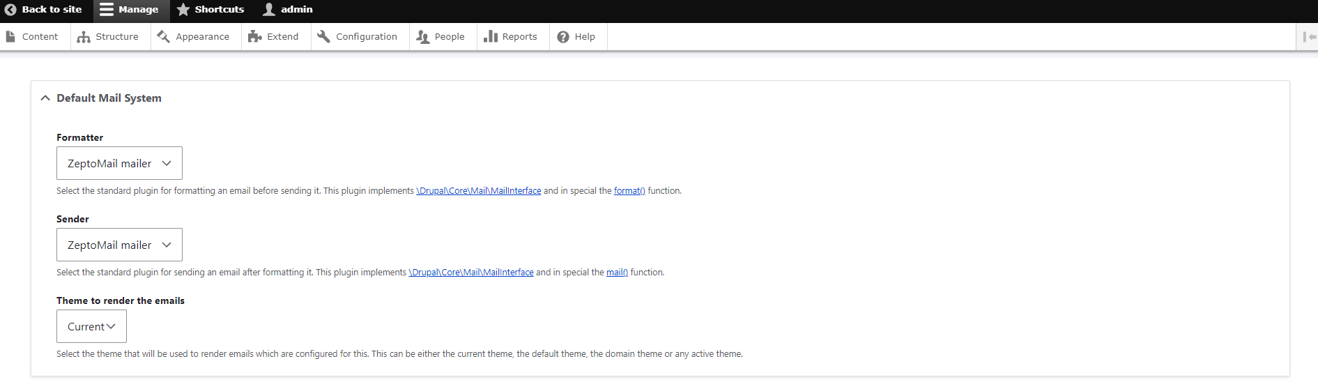 UI screenshot of mail configuration